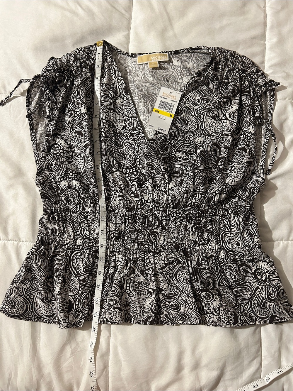 Michael Kors Black & White Paisley V-Neck Peplum Blouse